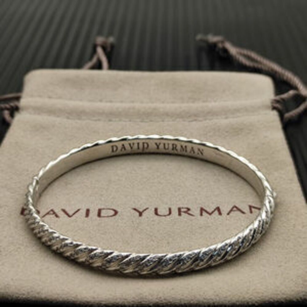 David Yurman Silver Diamond-Studded 6.2mm Engraved Wave Bracelet